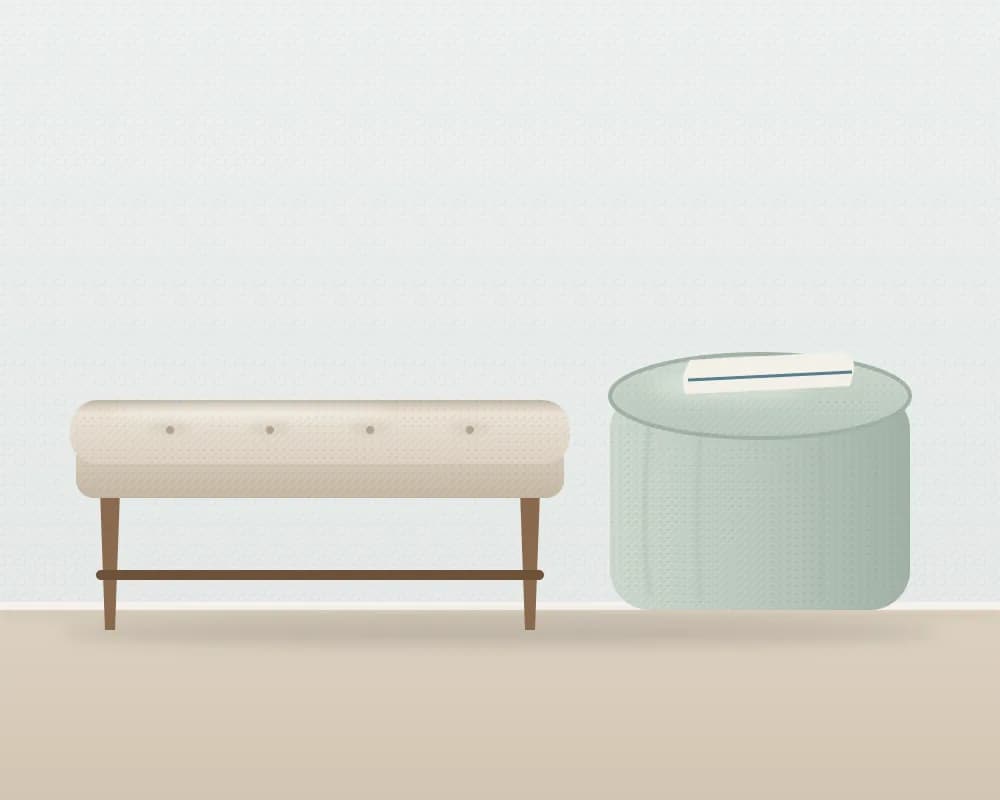Ilustração de um banco estofado e um puff redondo